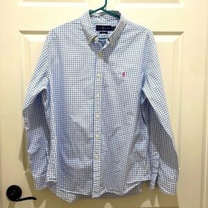 Ralph Lauren Blue & White Checkered Slim Fit Long Sleeve Button Down Shirt